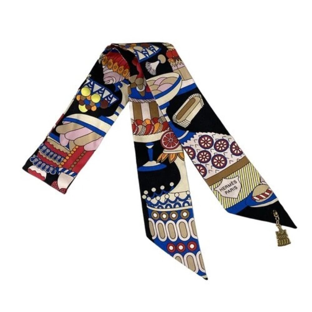 HERMES Twillies,Charms Patisserie française - Black Cream Multi Scarf